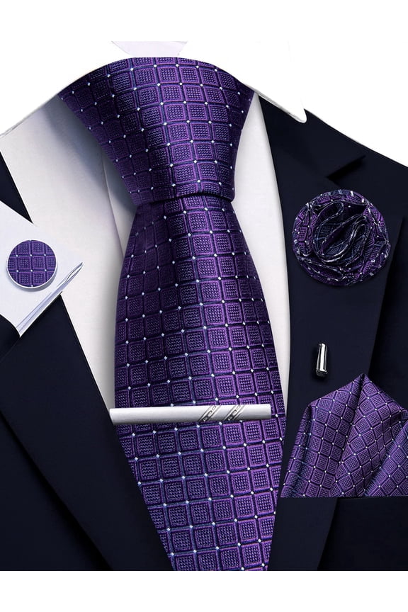 Plum Purple Ties for Men Plaid Checkered Tie Set Silk Necktie Pocket Square Handkerchief Cufflinks Lapel Pin Tie Clip
