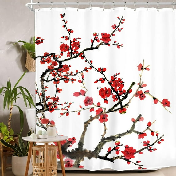 Plum Shower Curtain Cherry Blossom Aesthetic Watercolor Floral 72Wx84H Inch Extra Long Red Traditional Weeping Flower Japanese Branch Ink Asian Waterproof Polyester Fabric Bathroom Bathtub