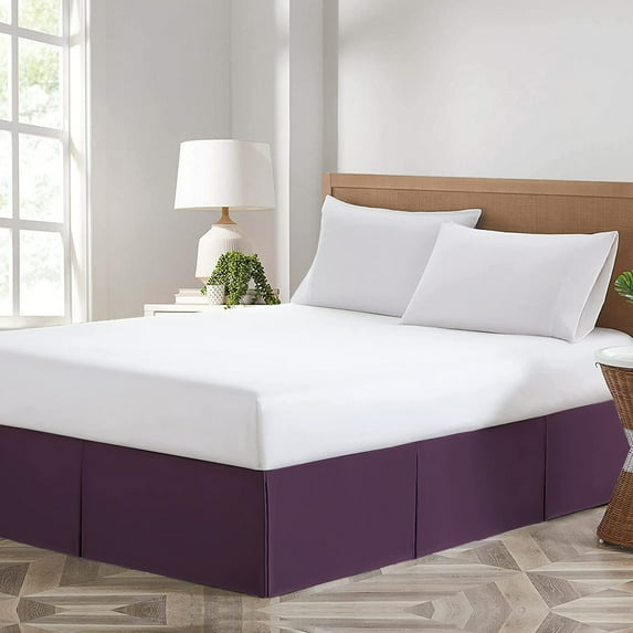 Plum Solid Pleated Bed Skirt Cal King Size -10 Inch Drop Split Corner Pleated Bedskirts -Microfiber Box Pleated Bedskirts - Never Lift Your Mattress - Hotel Quality Magic Bed Skirt