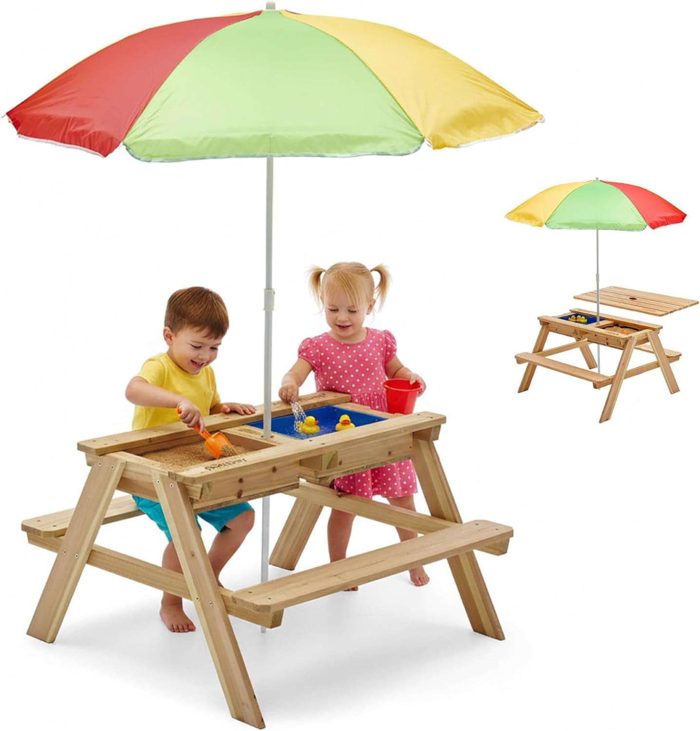 Plum® Surfside Wooden Sand and Water Table with Umbrella - Outdoor Kids Picnic Table with Adjustable Parasol and Removable Tabletop, Toddler Sensory Toys, Sturdy, Weatherproof, Easy to Clean, Ages 2+