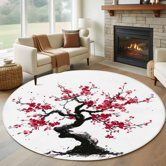 Plum Tree Branches 6ft Round Rugs, Spring Chinese Traditional Ink Painting Washable Non-Slip Area Rugs for Living Room Bedroom Kitchen, Low Pile Dining Room Kicthen Circle Carpet, Indoor Floor Rug