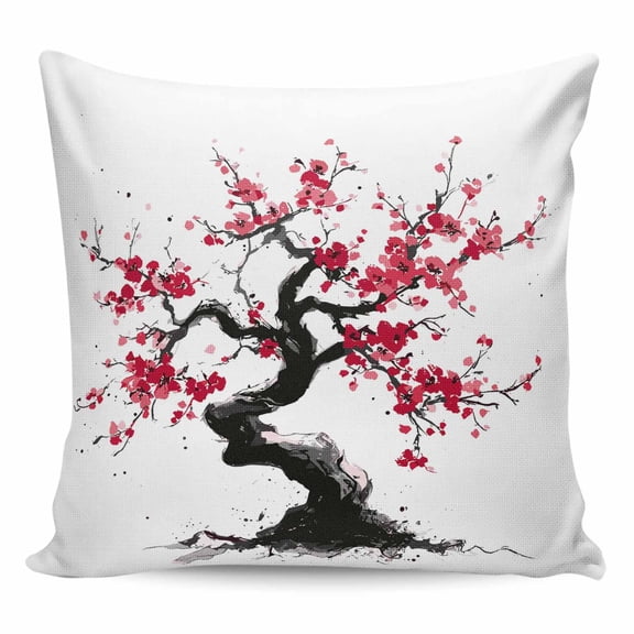 Plum Tree Branches Pillow Covers 16x16 Inch Decorative Throw Pillow Cover, Spring Chinese Traditional Ink Painting Sofa Pillowcases Accent Cushion Case Home Decor Bedroom Living Room
