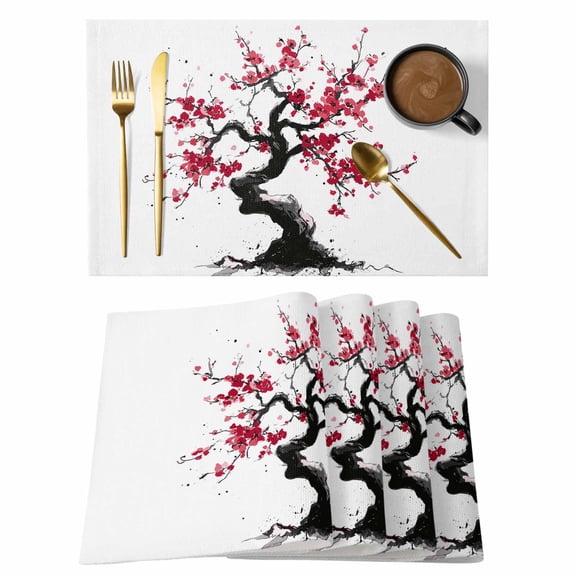 Plum Tree Branches Placemats Set of 4 Spring Chinese Traditional Ink Painting Place Mats Indoor Wipeable Table Mats Washable Dining Table Placemats for Kitchen Holiday Party Home Decor 13x19 Inch