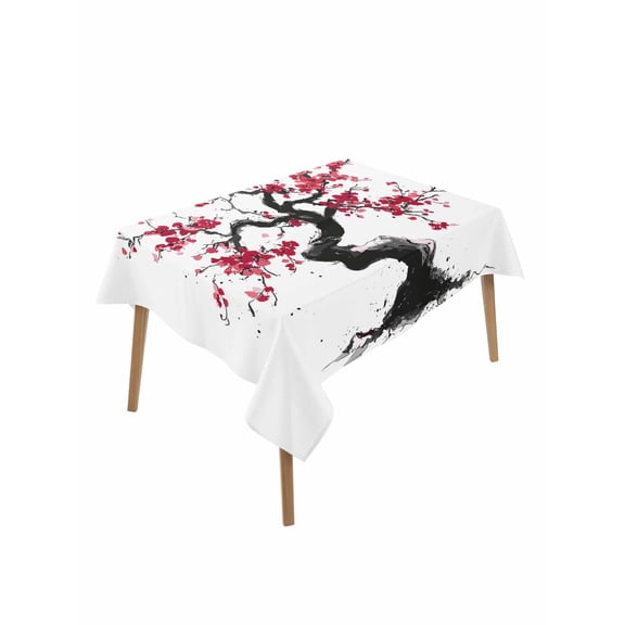 Plum Tree Branches Rectangle Tablecloth, Spring Chinese Traditional Ink Painting Waterproof & StainResistant Tablecloth, Washable Oil-proof Table Cover for Dining/Party/Wedding/Buffet 52x70 In