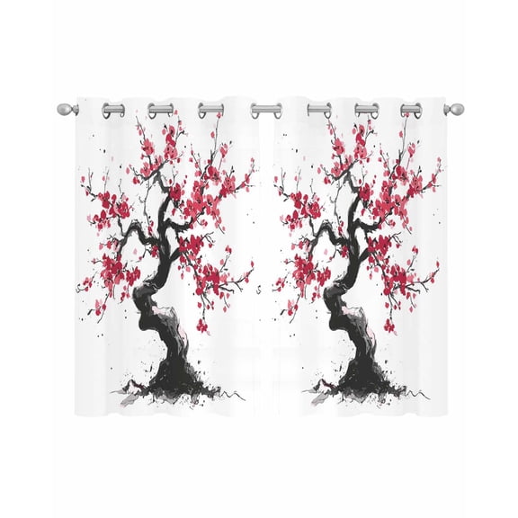 Plum Tree Branches Sheer Curtains 54 Inch Length 2 Panels Set for Living Room/Bedroom, Spring Chinese Traditional Ink Painting Kitchen Curtains Grommet Semi-Sheer Curtains Window Treatments 42"x54"x2