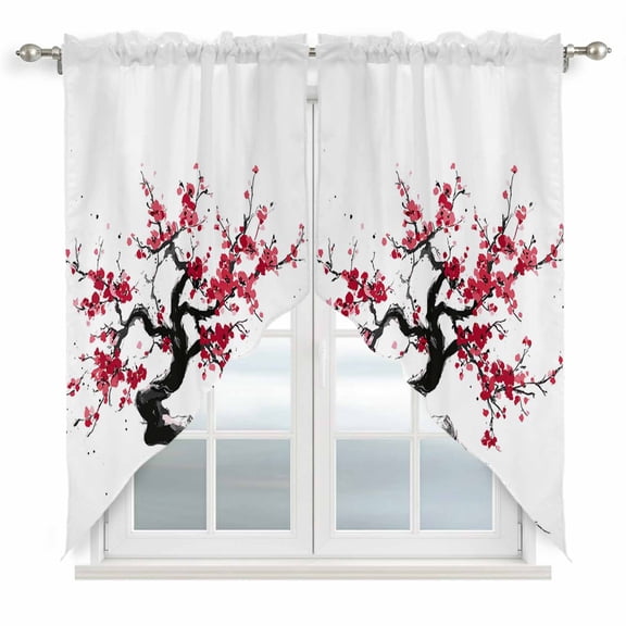 Plum Tree Branches Swag Valances for Windows 2 Pack, Kitchen Window Curtains 36 Inch Length, Spring Chinese Traditional Ink Painting Privacy Swag Curtains for Living Room/Bathroom 36"x36"