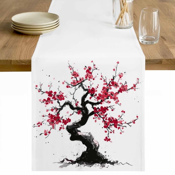 Plum Tree Branches Table Runner - 36 Inch Long Spring Chinese Traditional Ink Painting Cotton and Linen Blended Dress Scarves Farmhouse Table Runner for Kitchen Dining, Coffee Table, 13" x 36"
