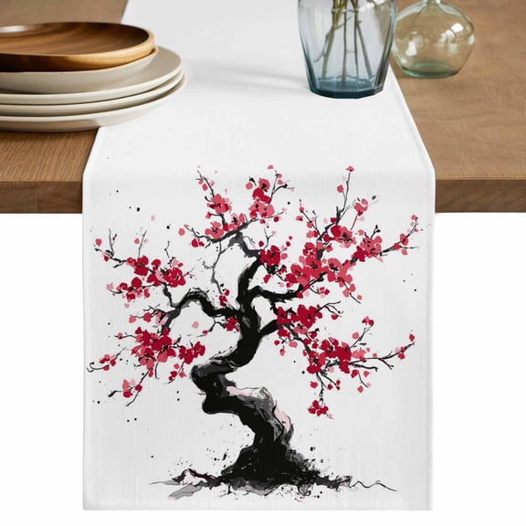 Plum Tree Branches Table Runner 72 Inches, Spring Chinese Traditional Ink Painting Bed Runner Dresser Scarves Tabletop for Indoor Outdoor Parties/Ceremony/Banquet, 18" x 72"
