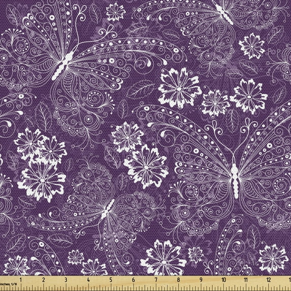 Ambesonne Plum Fabric by the Yard Upholstery, Vintage Style Flowers, 10 Yards, White Plum