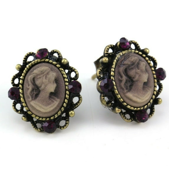 Plum Violet Purple Cameo Stud Post Pierced Earrings Antique Vintage Style o1