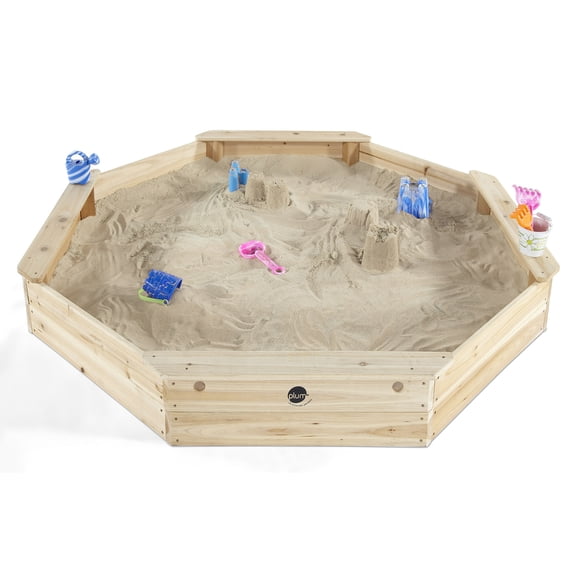 Plum Wooden Large Sandbox with Cover - Outdoor Octagon Sand Box for Kids, Toddler Sensory Toys, Outdoor Wooden Sand Pit with Seat Boards and Bottom Liner, Weatherproof, Easy Assembly, Ages 3+ Years