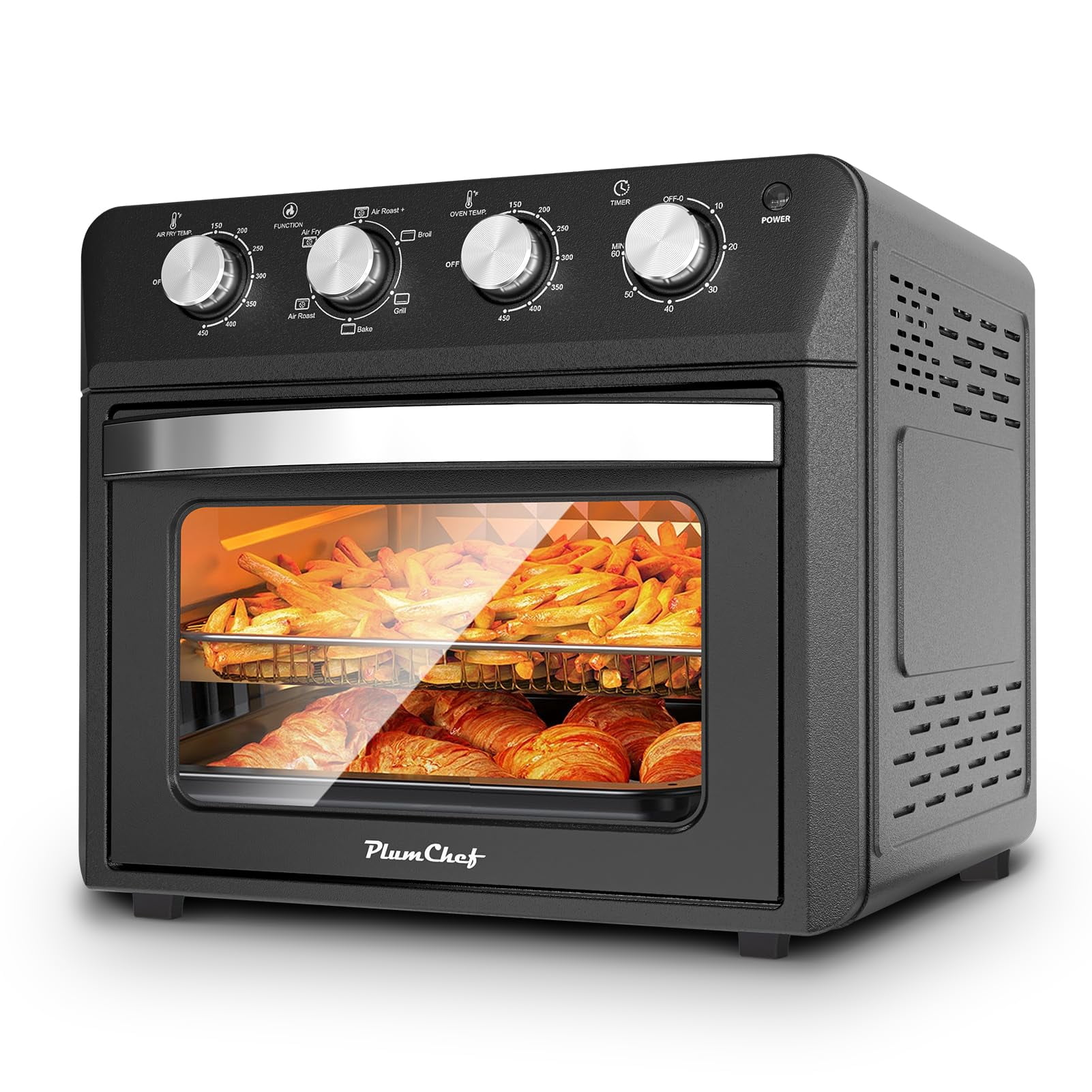 Plum chef 27.5QT 6-in-1 Air Fryer Toaster Oven Extra Large Dropdown-Door 6-Slice Convection Oven for Air Frying, Baking, Roasting, Broiling & Grilling, Stainless Steel Housing, Black