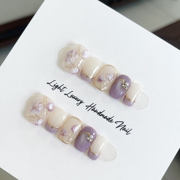 Plum purple hand-painted small flower cat's eye French pure hand-worn nail smudge advanced sense nail patch