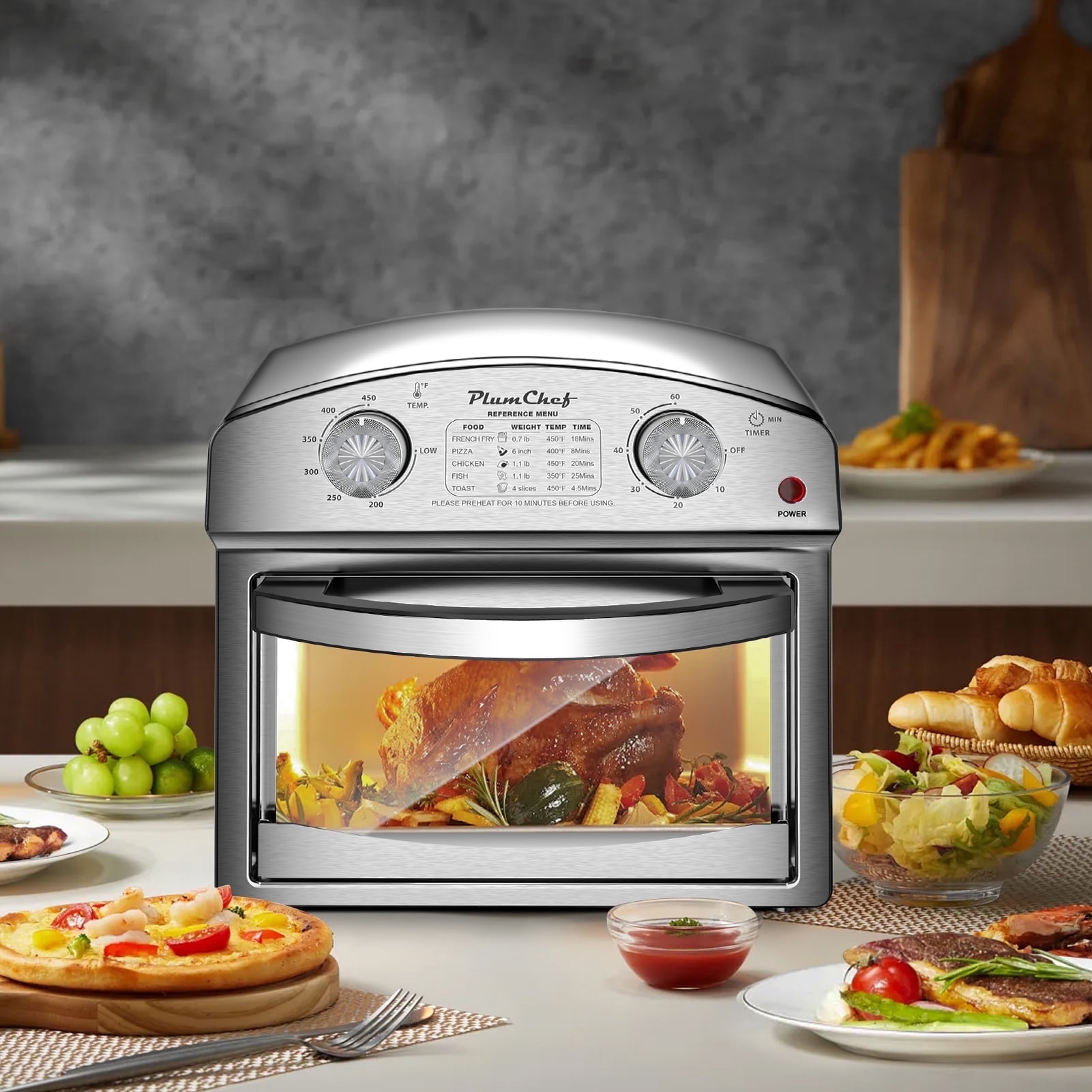 PlumChef 12.5 Quart 4 Slices Air Fryer Convection Toaster Oven, 1500W ,5 Pre-set Menus,  7 in 1 Multifunction with Roast,  Bake, Grill, Broil, Toast, Dehydrate, Defrost, Stainless Steel, Black