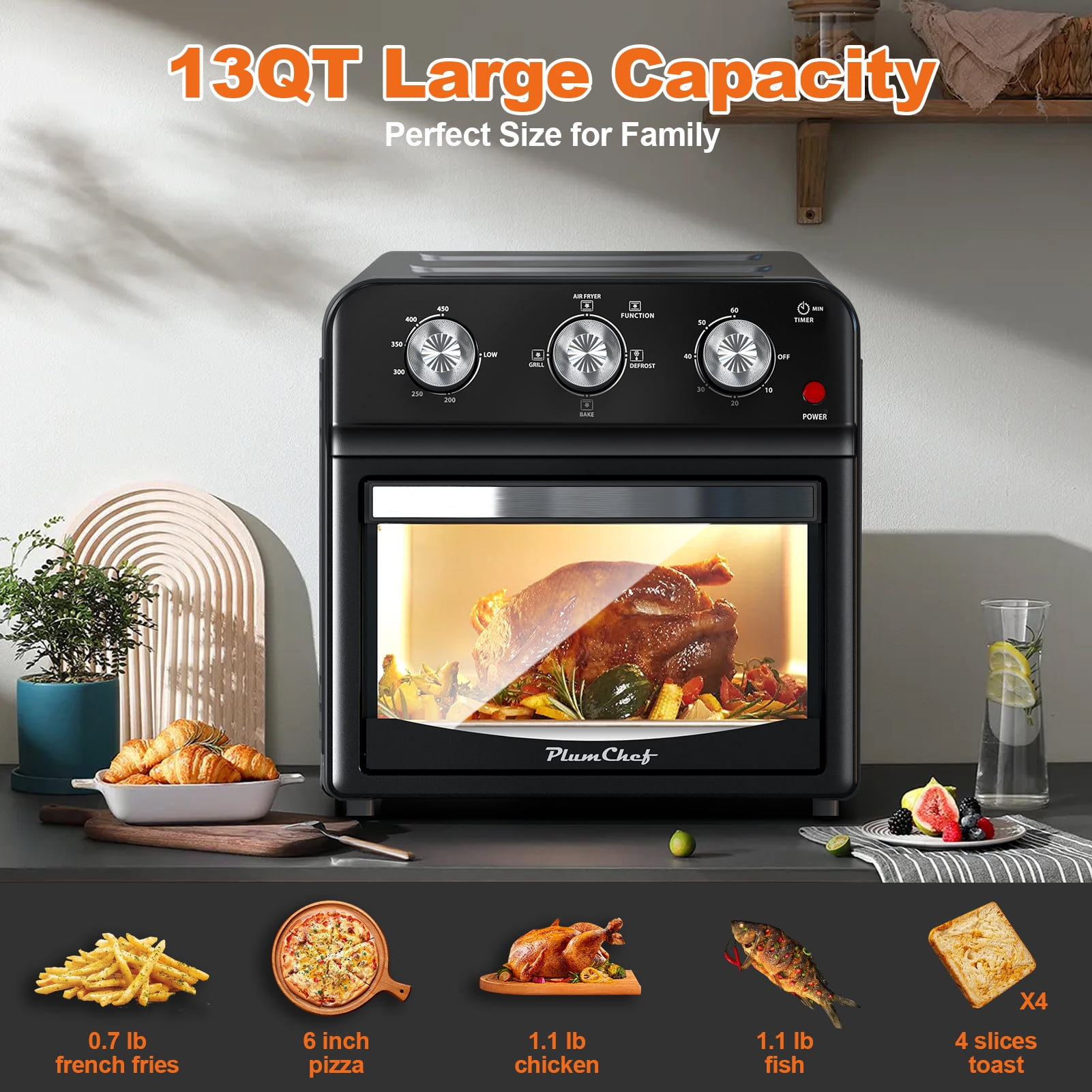 PlumChef 13 Quart 4 Slices Air Fryer Convection Toaster Oven 1500W 4 plumchef-13-quart-4-slices-air-fryer-convection-toaster-oven-1500w-4