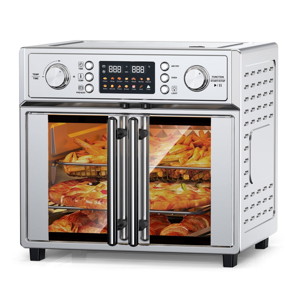 PlumChef 26QT Large Capacity French Double-Door Air Fryer Convection Toaster Oven, 1700W, 14 Preset Menus, 7-in-1 Multi-Function (Bake, Roast, Gril,Toast,Dehydrate&Defrost), Stainless Steel,silvery