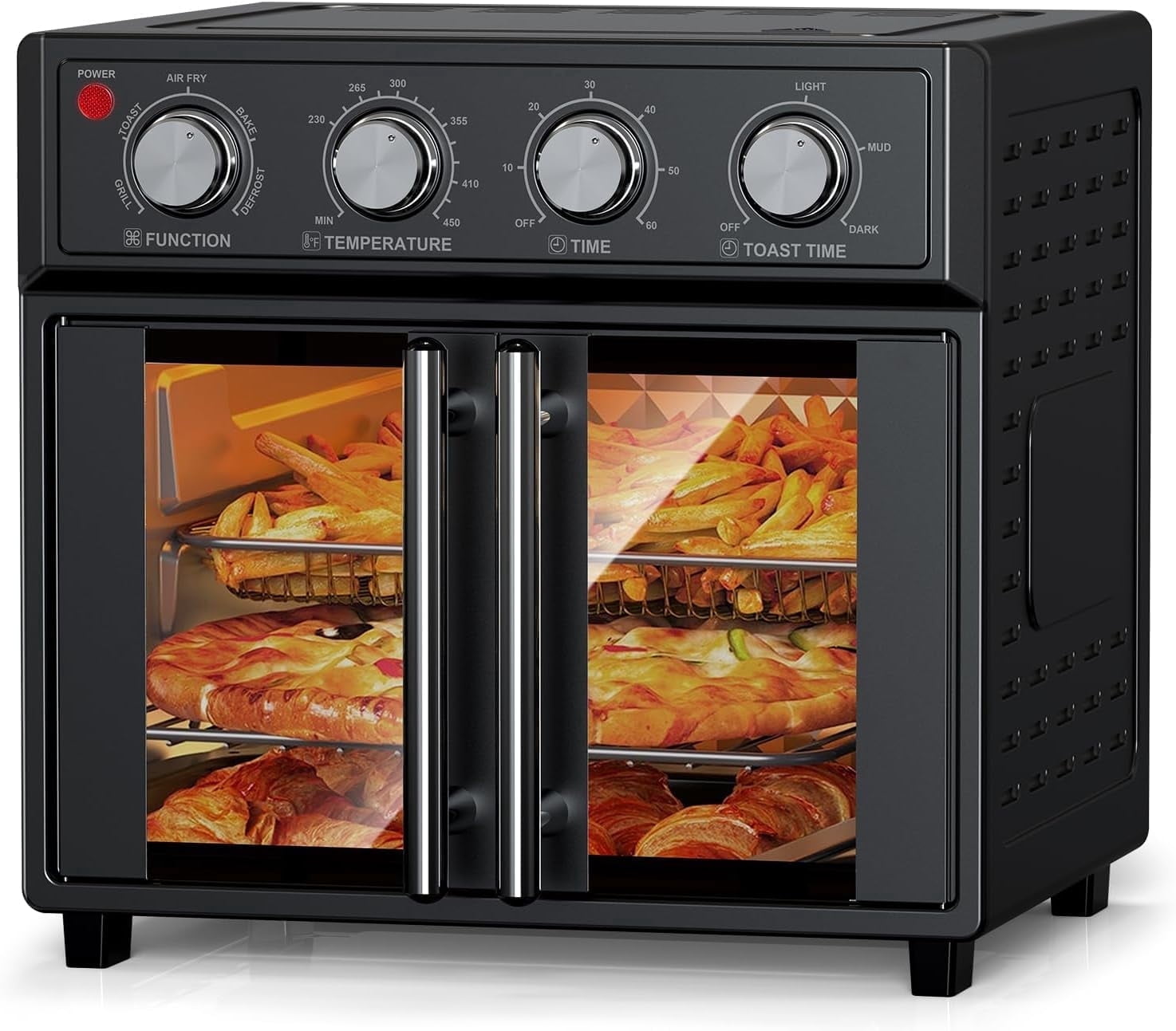 PlumChef 26QT Large capacity French Double-Door Air Fryer Convection Toaster Oven, 1700W, 7 Preset Menus, 7-in-1 Multi-Function for Bake, Roast, Grill, Toast, Dehydrate Defrost, Stainless Steel,Black