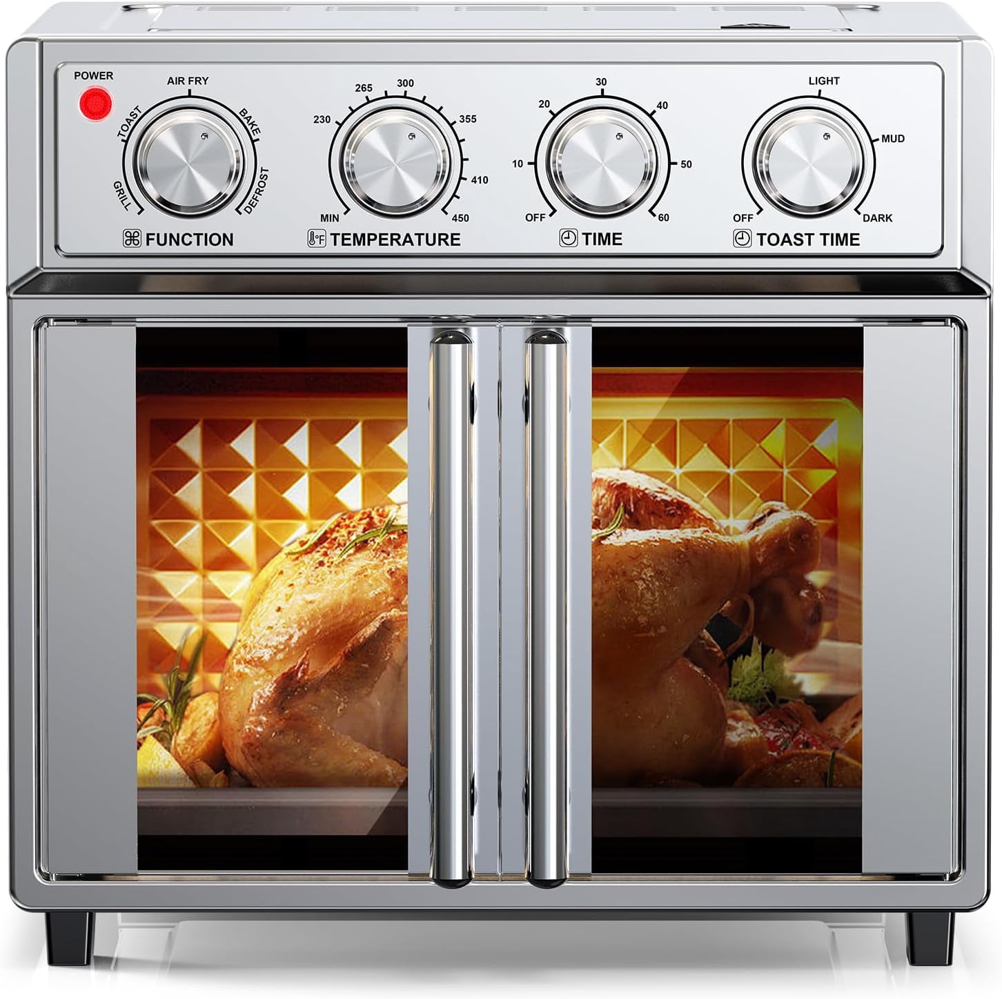 PlumChef 26QT Large capacity French Double-Door Air Fryer Convection Toaster Oven, 1700W,7 Preset Menus,7-in-1 Multi-Function for Bake, Roast, Grill, Toast, Dehydrate Defrost, Stainless Steel