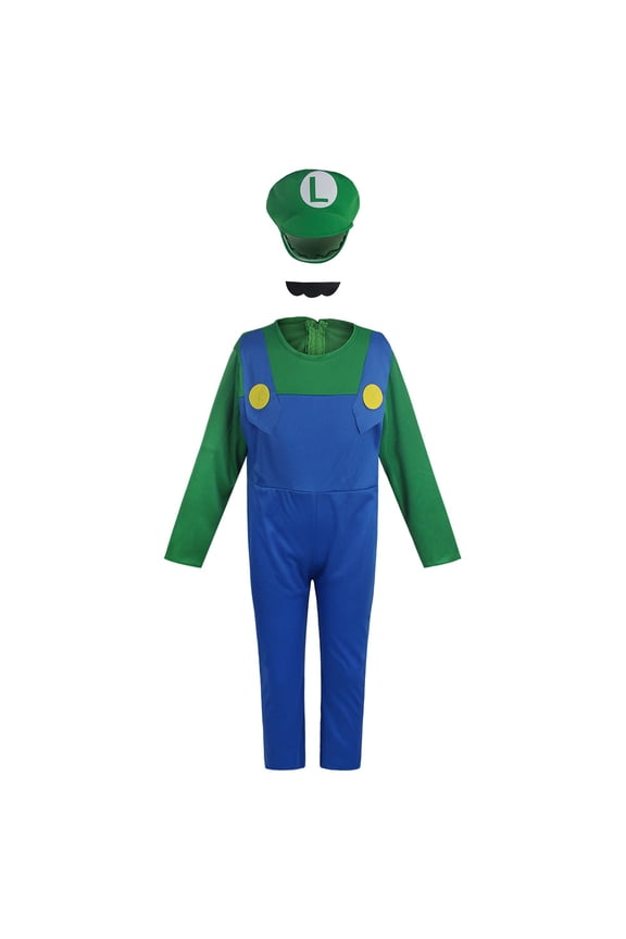 Plumber Costume Halloween Cosplay Sets, Men's Deluxe Adult Costume with Hat and Mustache Dress up Accessories Set, Halloween Fancy Dress Costumes, Classic Cosplay Outfit