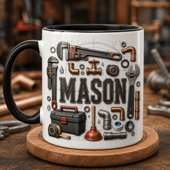 Plumber Dad Accent Mug, Custom Mason Pipe Wrench Coffee Cup, Father’s Day Gift for Daddy