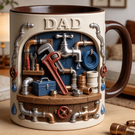 Plumber Dad Accent Mug with Pipe Wrench, Faucet & Toolbox Design, Father’s Day Gift for Dad