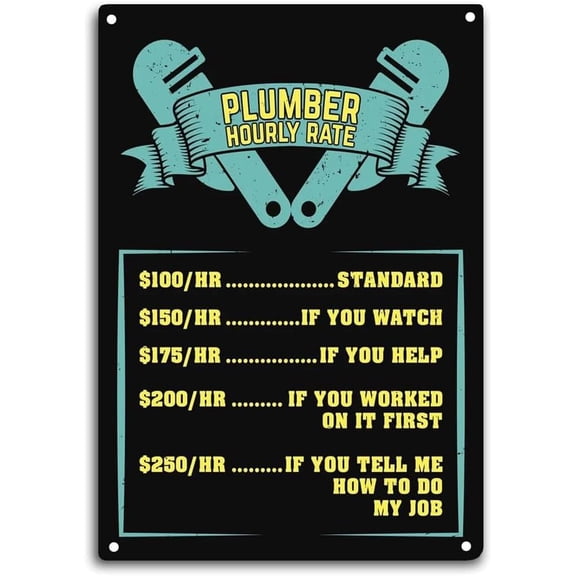Plumber Hourly Rate Tin Sign For Room Wall Window Decor Funny Quote Wall Art Metal Poster Kitchen Garden Garage Indoor Outdoor Decorate 12x8 Inch