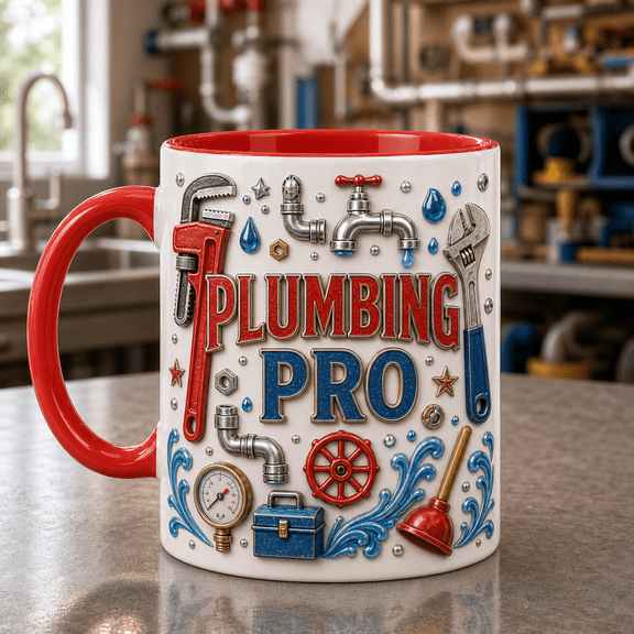 Plumber Mug 3D Effect Coffee Cup with Pipe Wrench & Water Drop Design Gift