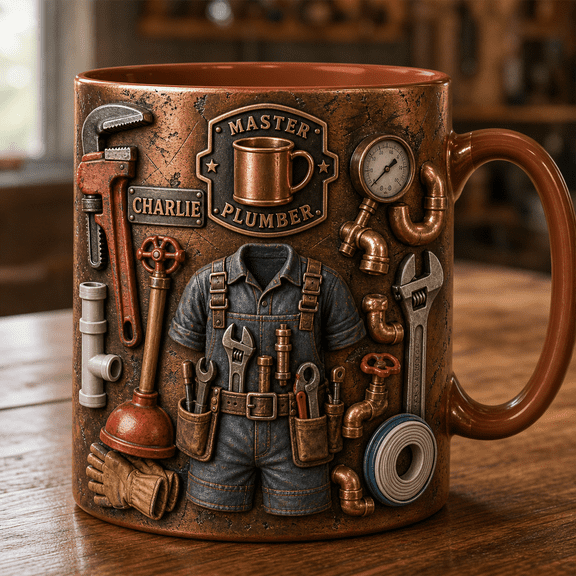 Plumber Mug 3D Effect Copper-Style Plumbing Tools Coffee Cup Gift for Tradespeople
