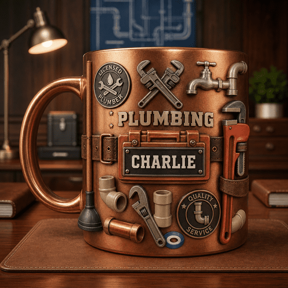 Plumber Mug 3D Effect Custom Name Metallic Copper Plumbing Tools Gift