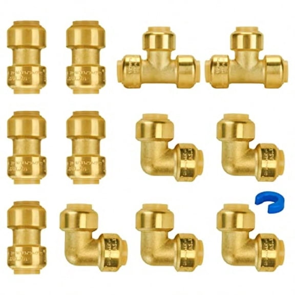 Plumbing Fittings 1/2 Inch Push Pex Fittings 1/2 Inch 5 Each Coupling and 90 Degree Elbow Tee 2 PCS No Lead Brass Push to Connect Pex Pipe Copper CPVC with 1 Disconnect Clip Pack of 12