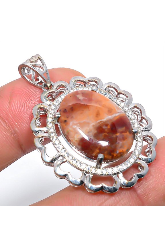 Plume Agate & Cz Gemstone 925 Sterling Silver Jewelry Pendant 1.6", Agate Pendant, Gemstone Pendant
