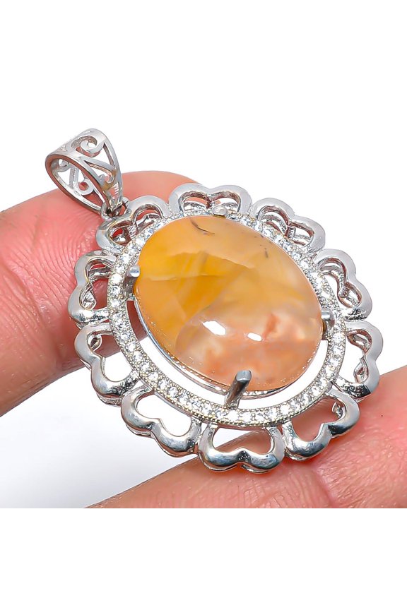 Plume Agate & Cz Gemstone 925 Sterling Silver Jewelry Pendant 1.6", Agate Pendant, Gemstone Pendant