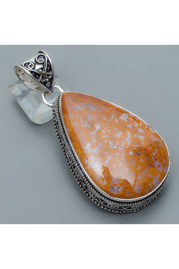 Plume Agate Gemstone 925 Sterling Silver Fine Art Pendant 2.15" M142, Christmas Gift, Gemstone Silver Jewelry, Agate Pendant, New Year Sale