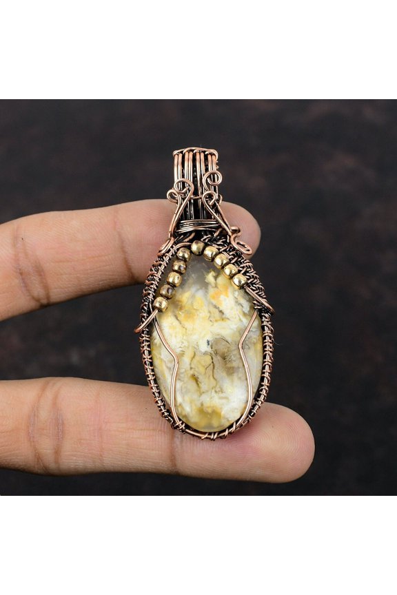 Plume Agate Wire Wrapped Pendant Handcrafted Copper Designer 2.64"