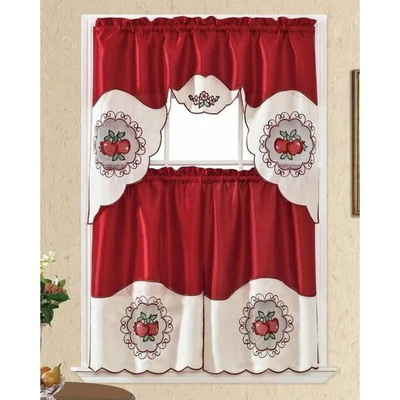 Plume D' Home 3pc Kitchen Curtain Set 2 panels 36"L 30"W + 1 Valance 36" 30" (Apple Red)