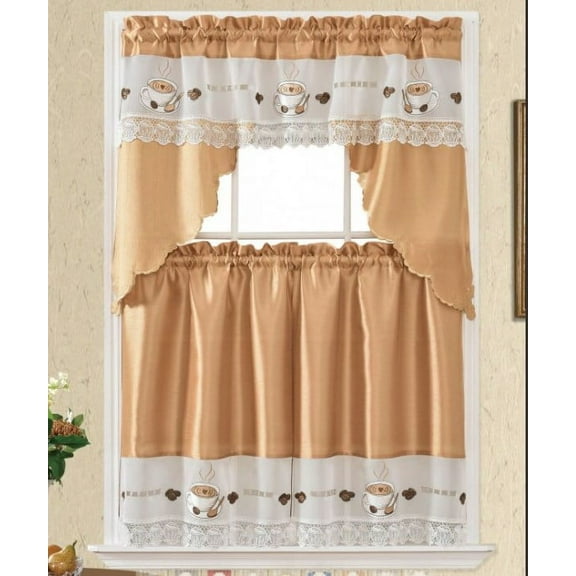 Plume D' Home 3pc Kitchen Curtain Set 2 panels 36"L × 30"W + 1 Valance 36" × 60" (Coffee Cup Gold)