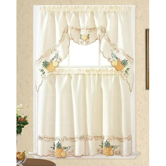Plume D' Home 3pc Kitchen Curtain Set 2 panels 36"L  30"W + 1 Valance 36"  60" (Pineapple)