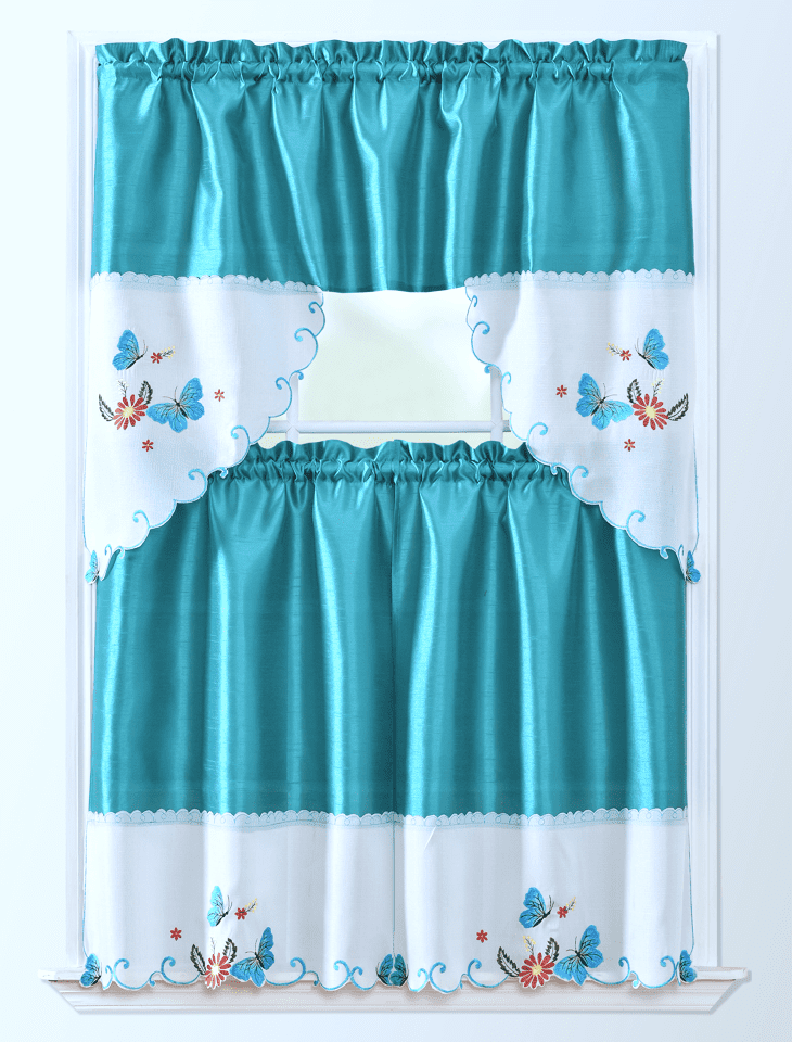 Plume D' Home 3pc Kitchen Curtain Set (Turquoise Butterfly)