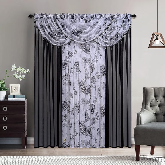 Plume D' Home Floral Curtain Panel Set with 3 Valances, Crystal Beads Attached 4-Piece 54"x 84" Cindy (Black)