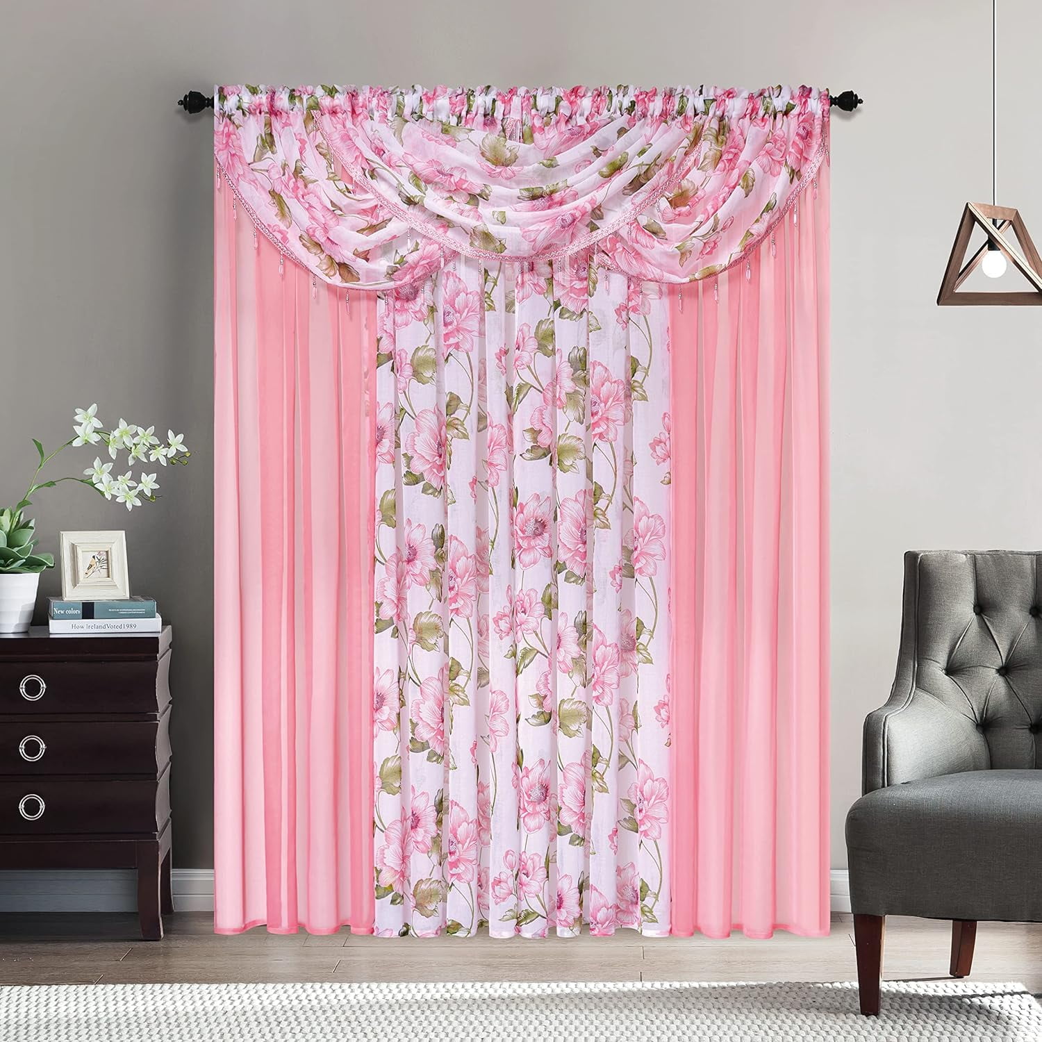 Plume D' Home Floral Curtain Panel Set with 3 Valances, Crystal Beads Attached 4-Piece 54"x 84" Cindy (Pink)