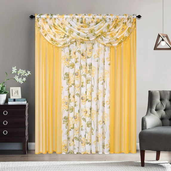Plume D' Home Floral Curtain Panel Set with 3 Valances, Crystal Beads Attached 4-Piece 54"x 84" Cindy (Yellow)