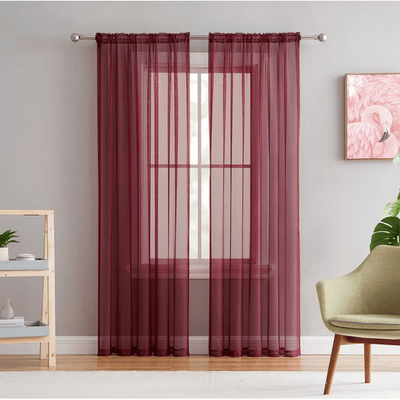 Plume D' Home Sheer Curtain 2 Panels of (55" W  84" L) Rod Pocket Solid Sheer (Burgundy)