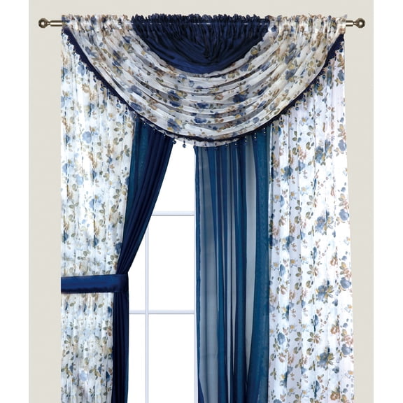 Plume D' Home Two-Tone curtains with attached valances and tiebacks Lorena (Blue Rose Navy)