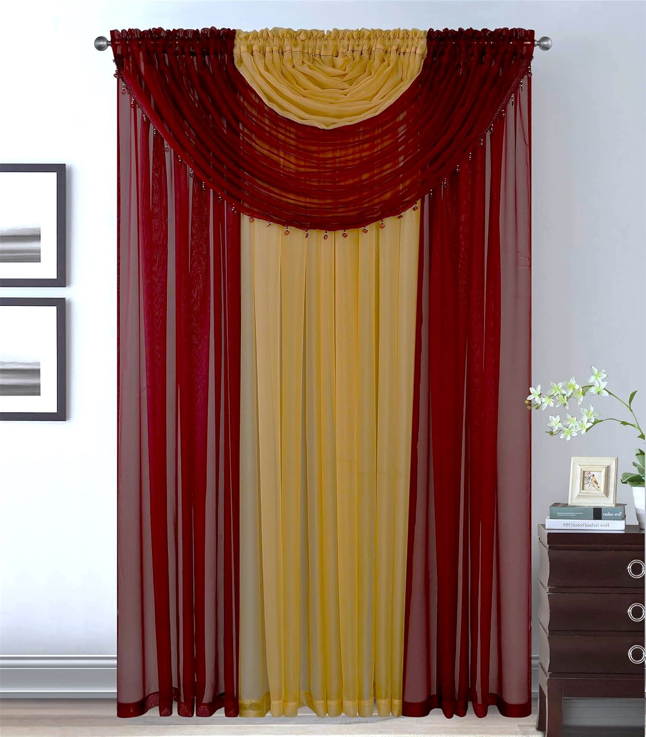 Plume D' Home Two-Tone curtains with attached valances and tiebacks Lorena (Burgundy & Gold)
