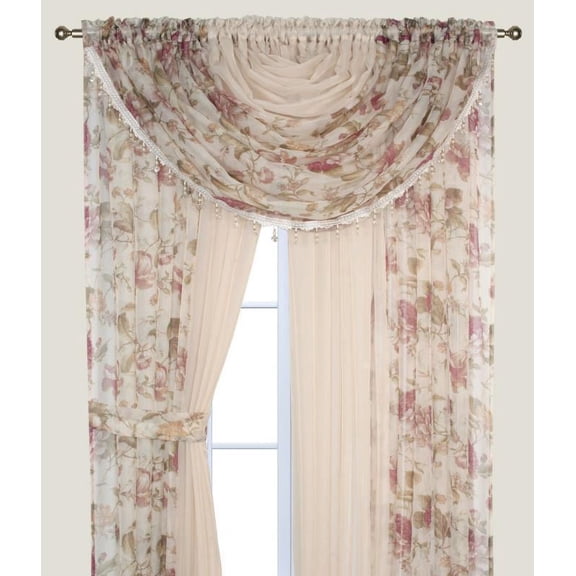Plume D' Home Two-Tone curtains with attached valances and tiebacks Lorena (Floral Beige)