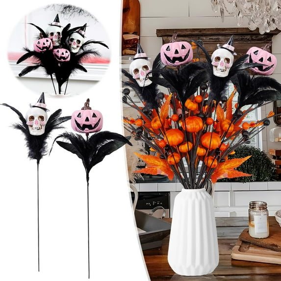 Plume Pumpkin Bouquet, Skull Floral Arrangement Centerpiece, Spooky Table Decor, Gothic Thanksgiving Display, Halloween Mantle Accent