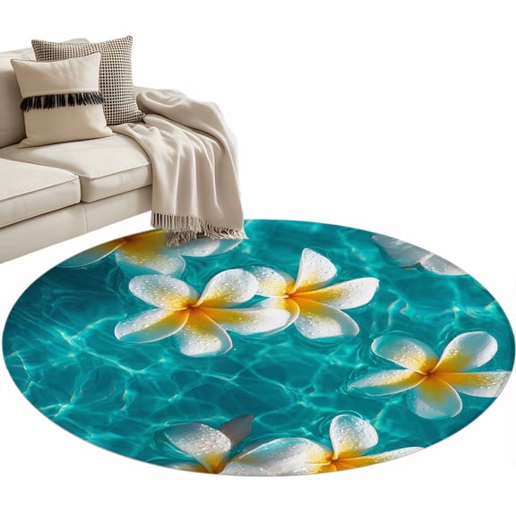 Plumeria Coastal Round Rug 3ft Washable Circle Entryway Rugs Non Slip Summer Beach Turquoise Ocean Area Rug Indoor Floor Carpet for Bedroom Kitchen Living Room Home Office Dining Room Nursery