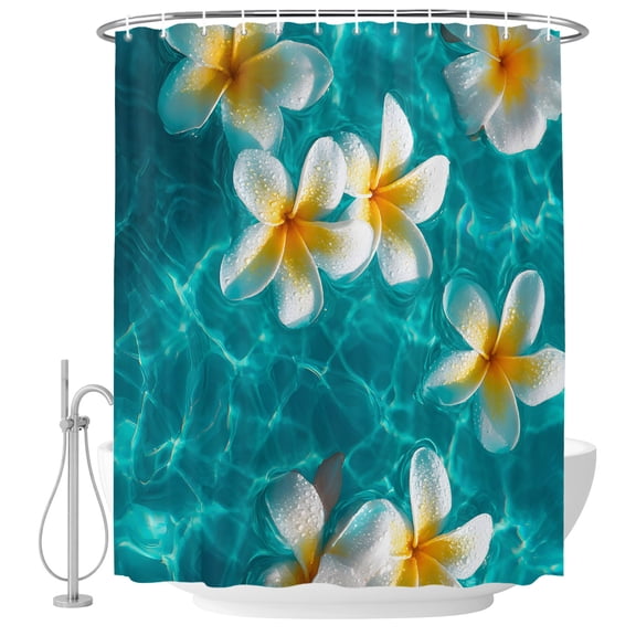 Plumeria Coastal Shower Curtain Set - Small 36" x 72" Washable Bathtub Curtain with 12 Hooks, Summer Beach Turquoise Ocean Waterproof Fabric Stall Shower Curtains for Bathroom/Bathtub Décor