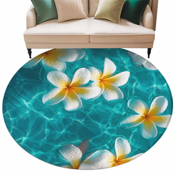 Plumeria Coastal Washable Round Rug 6ft Area Rug for Living Room, Soft Large Non-Slip Circle Dining Room Rugs Summer Beach Turquoise Ocean Carpet for Bedroom Entryway Classroom Dorm