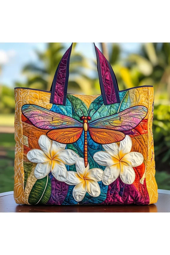 Plumeria Dragonfly Quilted Tote Bag GFTOMA1540